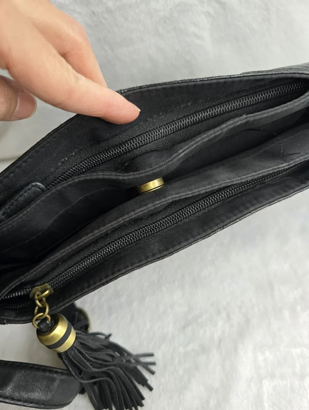 Cabin Creek Black Embossed Real Leather Tassel Shoulder Bag, Buttery Soft